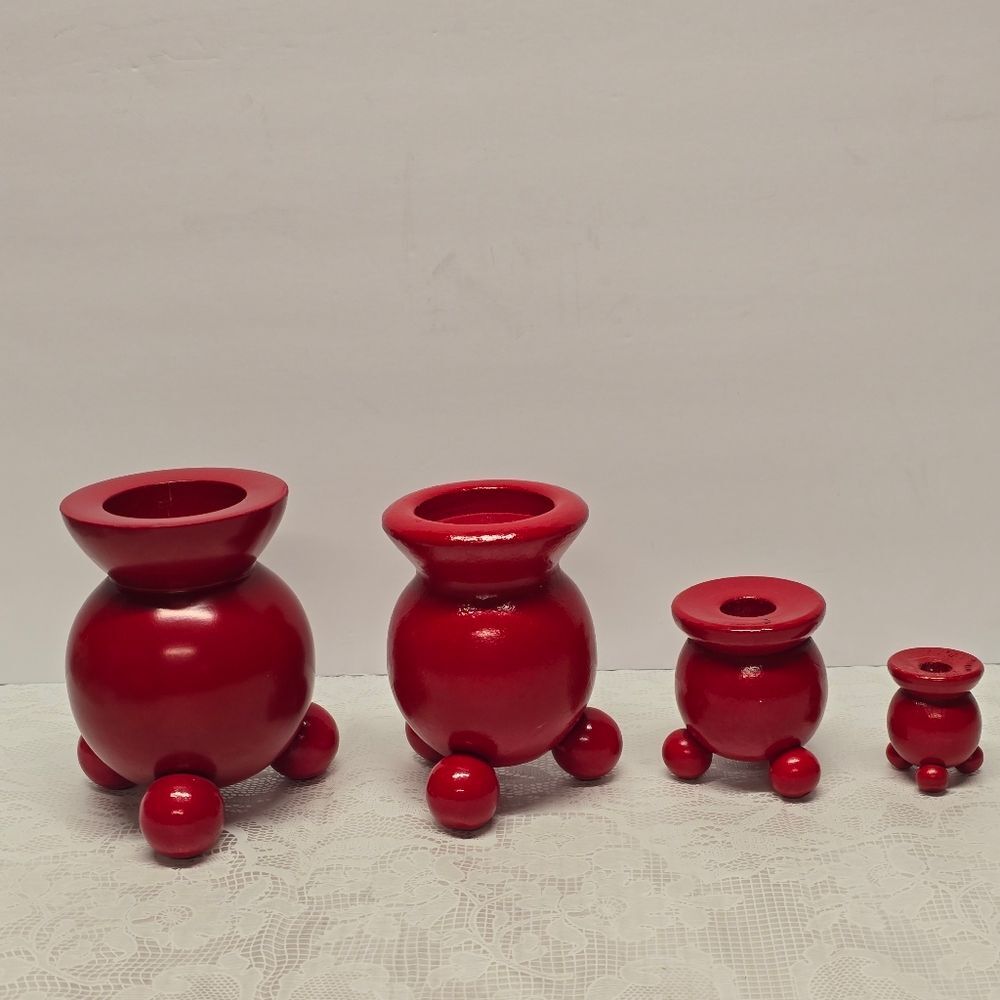 Vintage Scandinavian Swedish Wooden Red Topper Candlestick Candle Holder Set